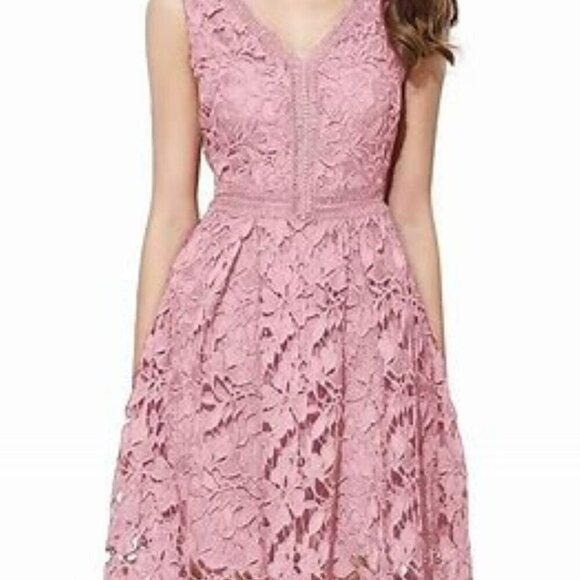 NWT VEIISAR Rose-colored Elegant V-neck A-Line Cocktail Dress Lace Overlay Large - Picture 1 of 13